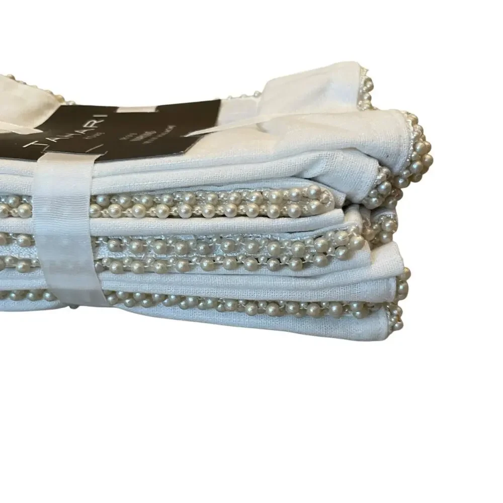 TAHARI White Cotton Dinner Napkins 18x18 Set of 8 Faux Pearl Trim Holiday Glam